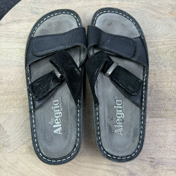 Alegria KAR-111 Black Leather Double Strap Slip-On Sandals EU 37 US 7.5 Platform - Picture 4 of 7